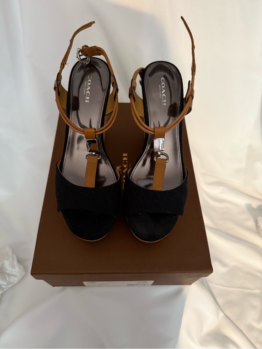 Coach Black and Tan Open-Toe Slingback Heels
